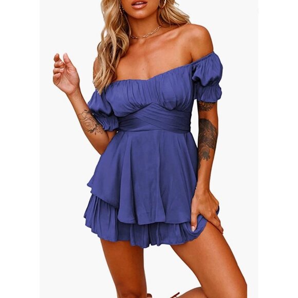 Dark Blue Ruffle‎ Short Sleeve Off Shoulder Layered Romper Short Jumpsuit - Picture 5 of 6